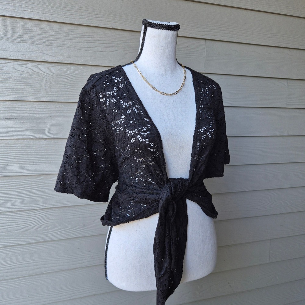 Denim & Co Black Lace Bolero Tie Front Shrug OS Romantic Goth Whimsigoth Witchy
